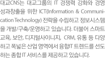 대교CNS는 대교그룹의 IT 경쟁력 강화와 경영 성과창출을 위한 ICT(Information & Communication Technology) 전략을 수립하고 정보시스템 을 개발/구축/운영하고 있습니다. 더불어 스마트 교육, 보안, 디지털사이니지,  CRM, 유통 등 다양 하고 폭넓은 산업 영역에서 융합IT 트렌드를 선도 하는 종합 IT 서비스를 제공하고 있습니다.