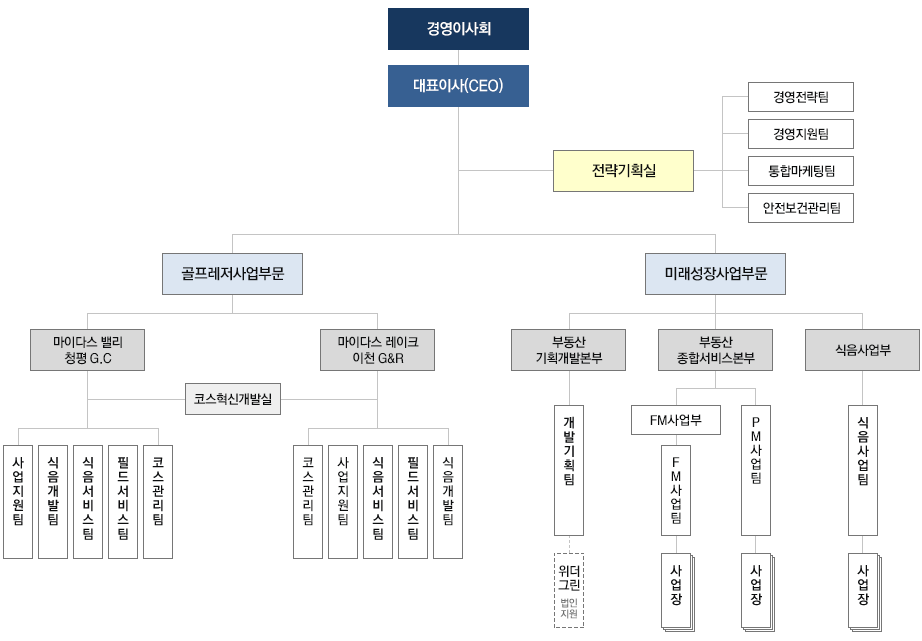 대교D&S 조직은 경영이사회 대표이사 밑에 크게 지원본부, 자산본부, 개발본부, 골프사업부가 있으며 골프사업부는 다시 마케팅실, 청평마이다스GC, 이천마이다스 골프&리조트, 가산 CC로 나뉘어져 있습니다.